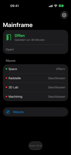 SpaceState auf dem iPhone mit dem Status des Mainframe und seinen Räumen