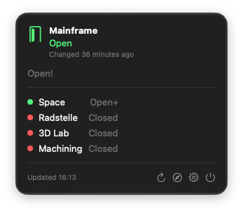 SpaceState-Menüleistenpanel mit Öffnungsstatus und Räumen von Mainframe Oldenburg